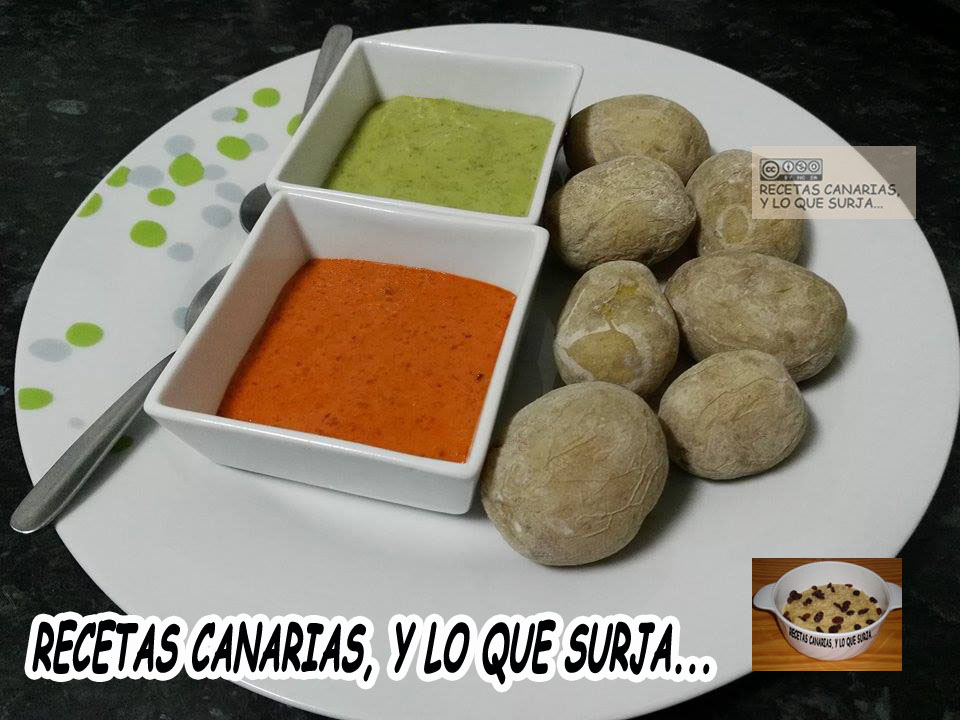 Papas arrugadas with mojo verde and a spicy mojo picón